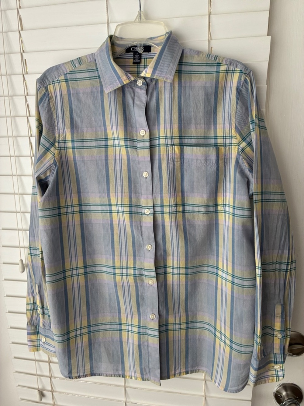 Chaps by Ralph Lauren Button Down Long Sleeve Plaid Shirt Women SZ L Blue Yellow